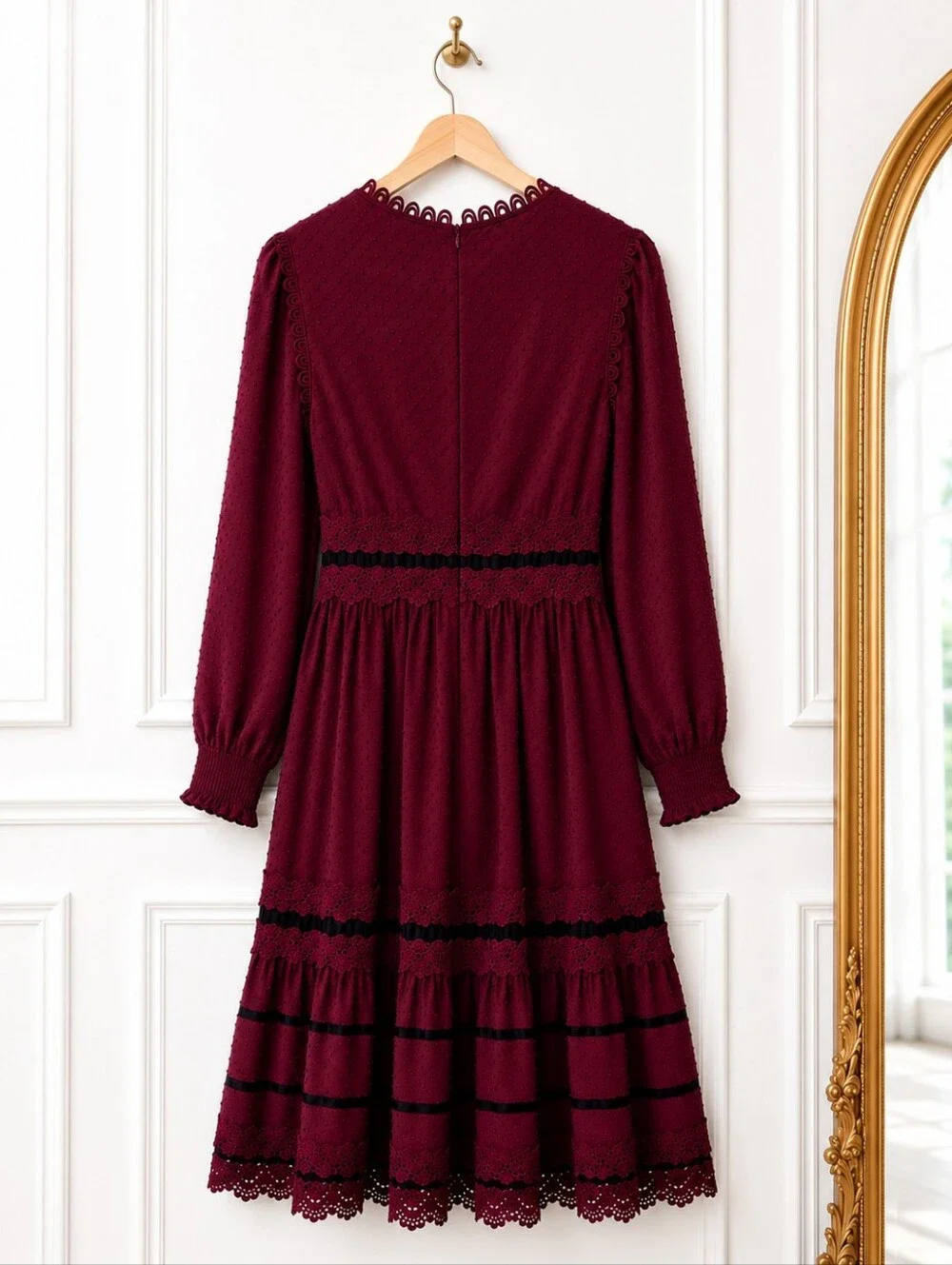 Just Me Burgundy Swiss Dot Lace Midi Dress Size Medium Long Sleeve Romantic - Picture 6 of 8